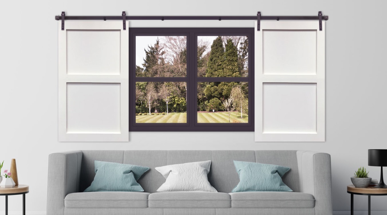 White barn door shutter in modern Cincinnati living room